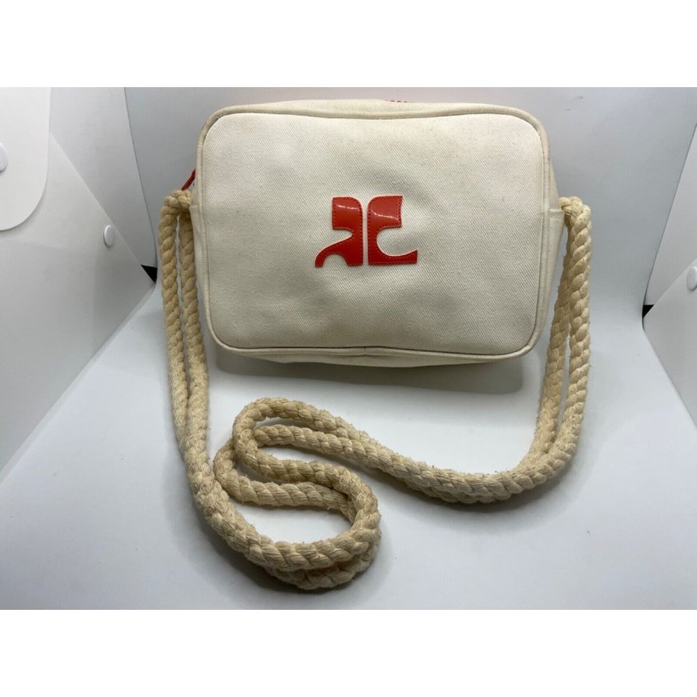 Vintage Courreges Iconic Shoulder Bag White Canvas w/Orange Vinyl Accents